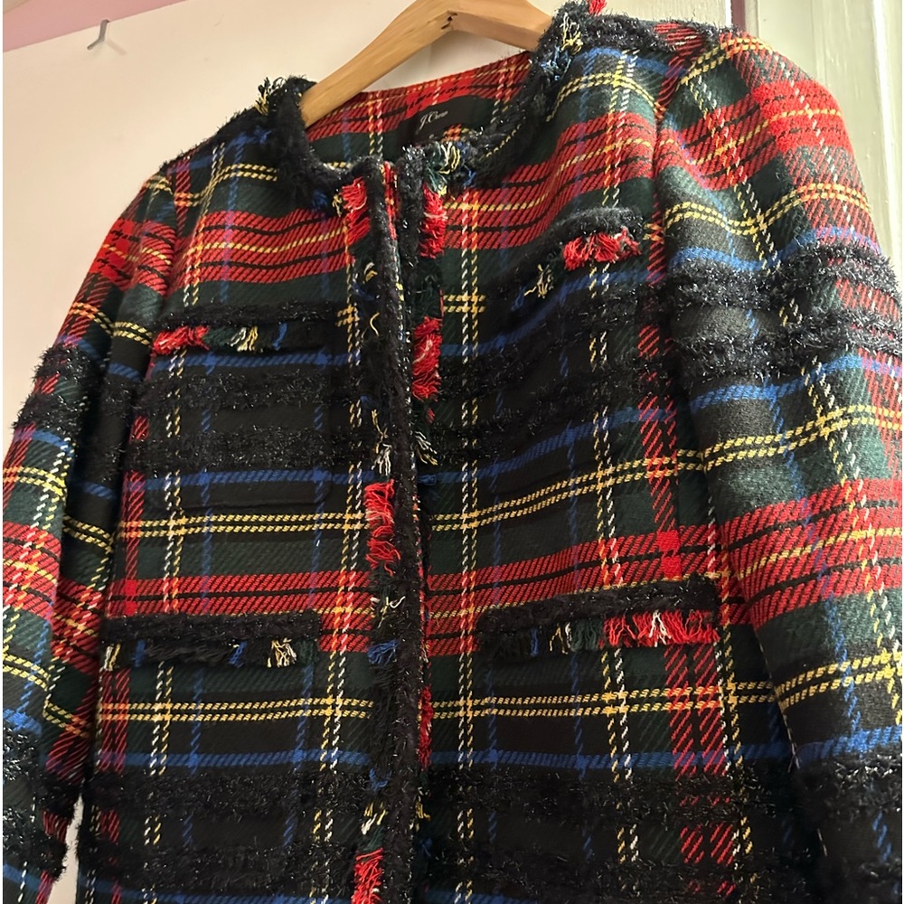 J. Crew tartan print blazer.